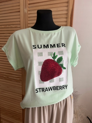 Koszulka damska MEGI Truskawka modny i wygodny basic Tshirt Miętowa s/m