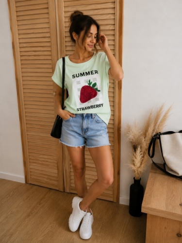 Koszulka damska MEGI Truskawka modny i wygodny basic Tshirt Miętowa s/m