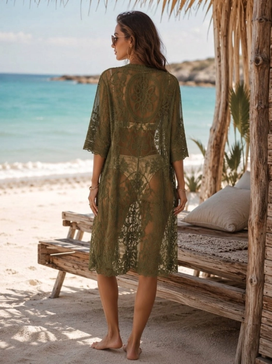 Narzutka plażowa Ponczo Boho Tunika Koronka Lekka Zielona Khaki