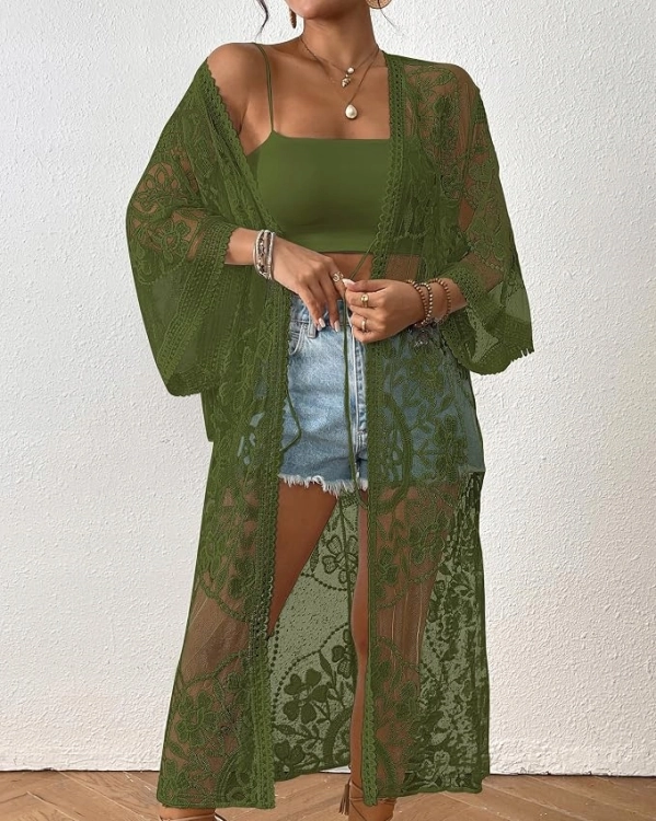 Narzutka plażowa Ponczo Boho Tunika Koronka Lekka Zielona Khaki