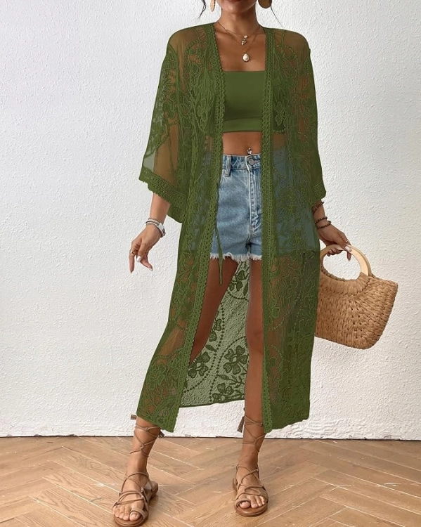 Narzutka plażowa Ponczo Boho Tunika Koronka Lekka Zielona Khaki