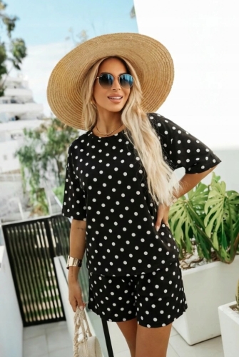 Komplet Letni W Groszki Bluzka Oversize i Szerokie Spodenki Dres Czarny