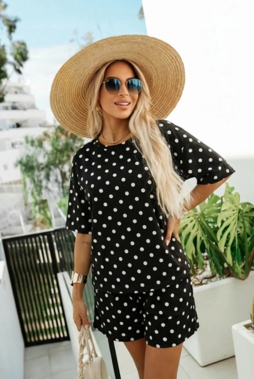 Komplet Letni W Groszki Bluzka Oversize i Szerokie Spodenki Dres Czarny