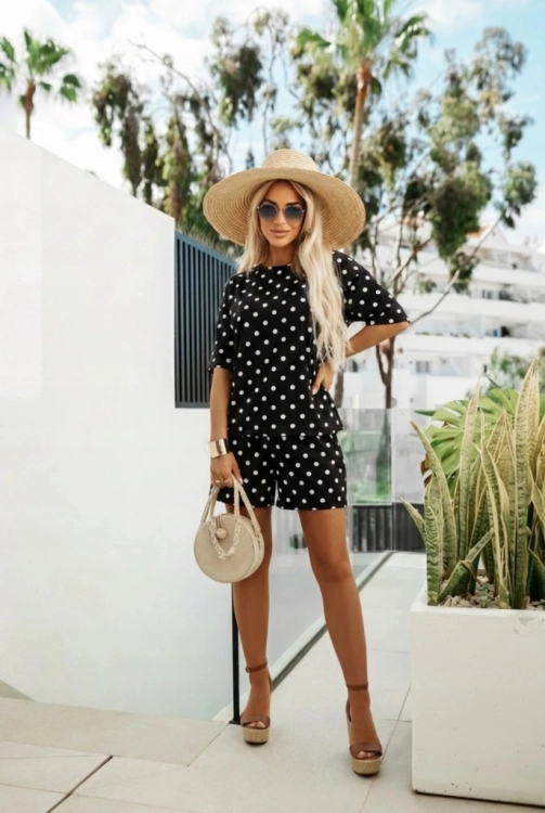 Komplet Letni W Groszki Bluzka Oversize i Szerokie Spodenki Dres Czarny