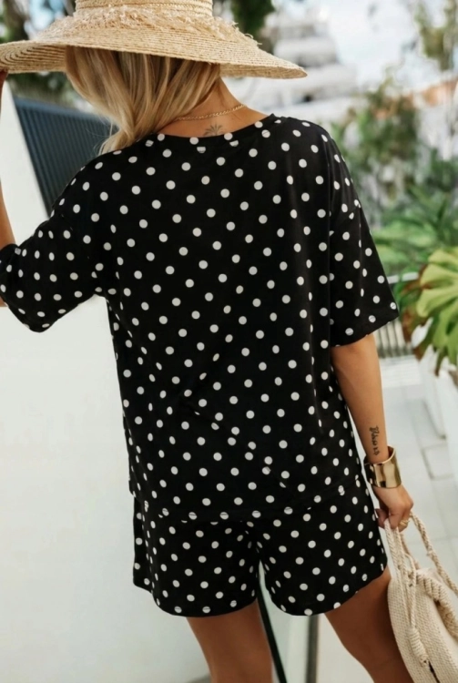 Komplet Letni W Groszki Bluzka Oversize i Szerokie Spodenki Dres Czarny