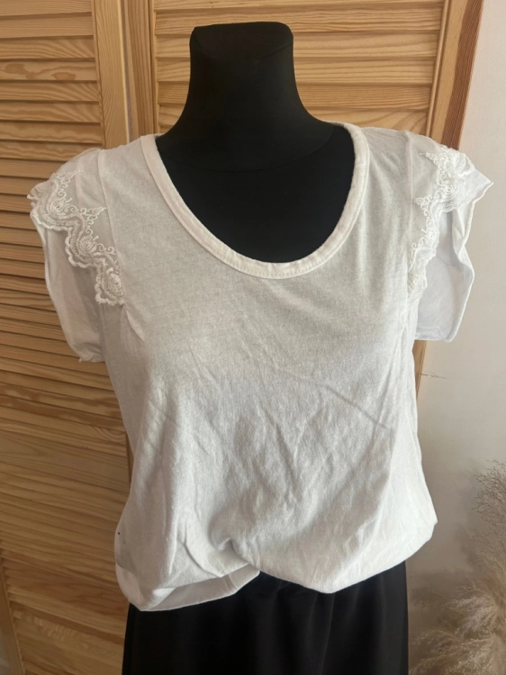 Bluzka damska bawełniana Letnia Tshirt Z koronką Romantyczna Biała