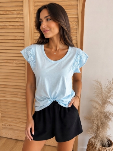 Bluzka damska bawełniana Letnia Tshirt Z koronką Romantyczna Niebieska