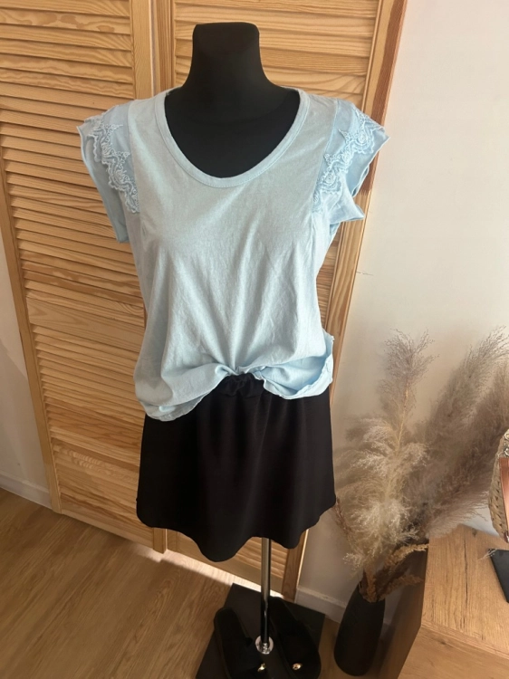 Bluzka damska bawełniana Letnia Tshirt Z koronką Romantyczna Niebieska