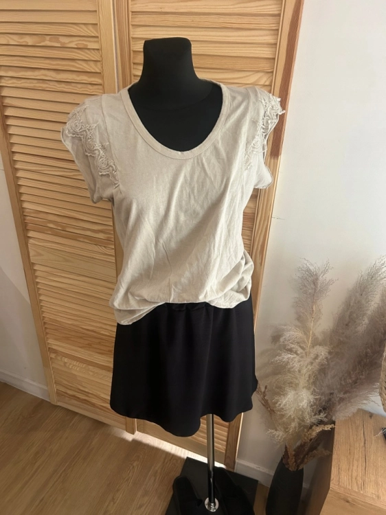 Bluzka damska bawełniana Letnia Tshirt Z koronką Romantyczna Beżowa Jasna