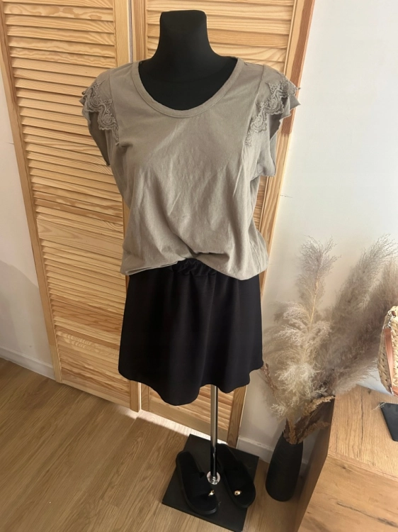 Bluzka damska bawełniana Letnia Tshirt Z koronką Romantyczna Beżowa Ciemna