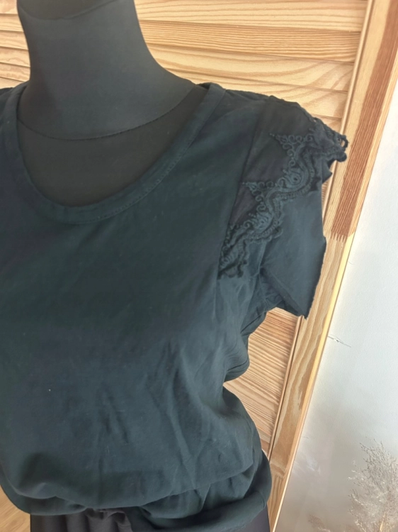 Bluzka damska bawełniana Letnia Tshirt Z koronką Romantyczna Czarna