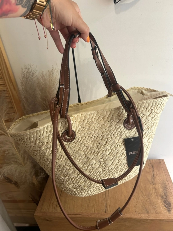 Koszyk Letni Torba Shopperka Wakacyjny Boho Pojemny Beżowy Brąz