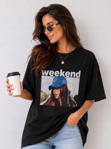 Koszulka damska Masełkowa Luźna Oversize z Nadrukiem Weekend Czarna