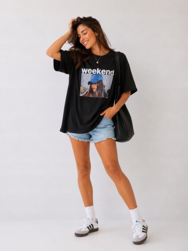 Koszulka damska Masełkowa Luźna Oversize z Nadrukiem Weekend Czarna