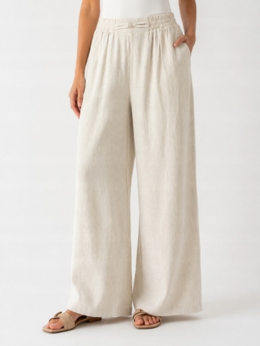 Spodnie lniane beżowe WIDE LEG lekkie wakacyjne szerokie nogawki Boho M