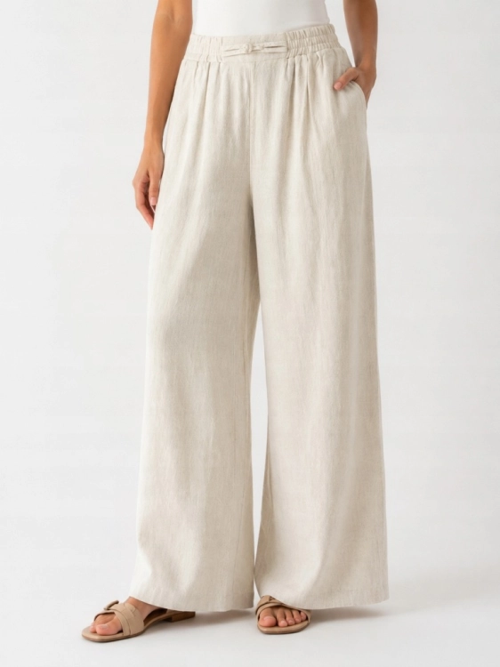 Spodnie lniane beżowe WIDE LEG lekkie wakacyjne szerokie nogawki Boho M
