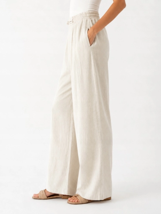 Spodnie lniane beżowe WIDE LEG lekkie wakacyjne szerokie nogawki Boho M