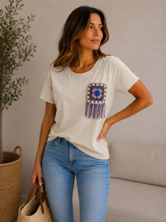 Bluzka damska MEGi z ozdobną aplikacją szydełkowa boho Etno Beż Jasny S/M