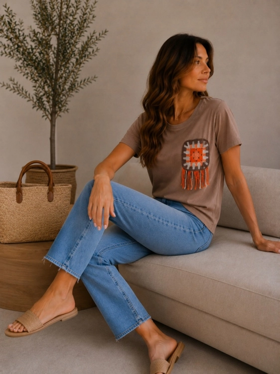 Bluzka damska MEGi z ozdobną aplikacją szydełkowa boho Etno Beż Fango L/XL