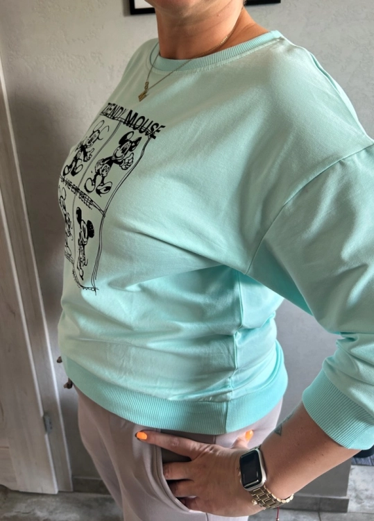 Bluzka damska Bluza 3/4 MEGi Nadruk Myszka Sportowa Wygodna Turkusowa