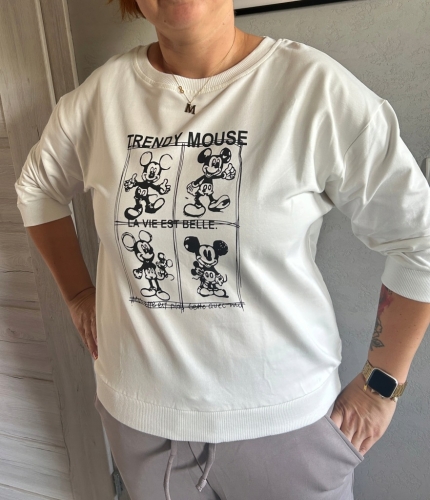 Bluzka damska Bluza 3/4 MEGi Nadruk Myszka Sportowa Wygodna Biała