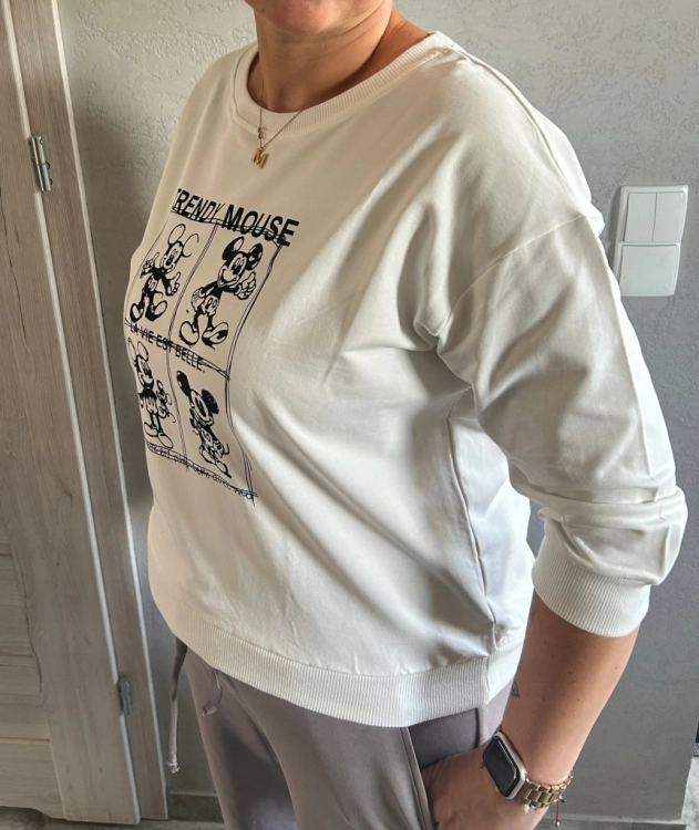 Bluzka damska Bluza 3/4 MEGi Nadruk Myszka Sportowa Wygodna Biała