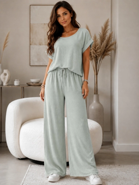 Komplet damski zwiewny Lejący Lekki Szerokie spodnie Elegancki Miętowy
