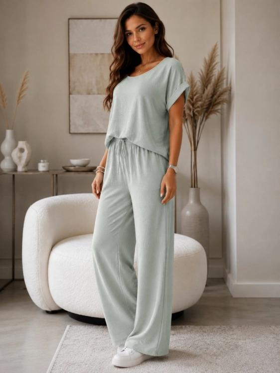 Komplet damski zwiewny Lejący Lekki Szerokie spodnie Elegancki Miętowy