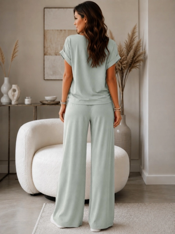 Komplet damski zwiewny Lejący Lekki Szerokie spodnie Elegancki Miętowy