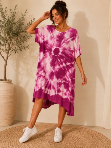 Sukienka damska oversize tie-dye luźna wygodna modna Różowa