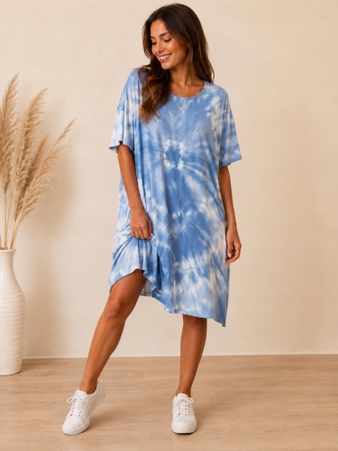 Sukienka damska oversize tie-dye luźna wygodna modna NIEBIESKA