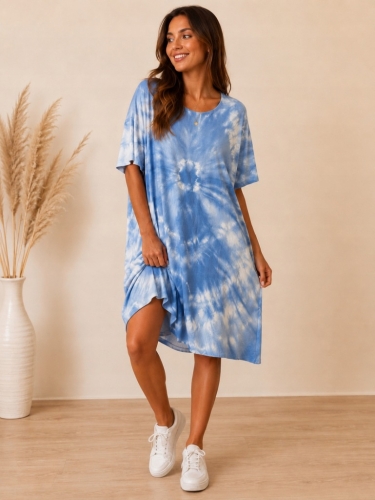 Sukienka damska oversize tie-dye luźna wygodna modna NIEBIESKA