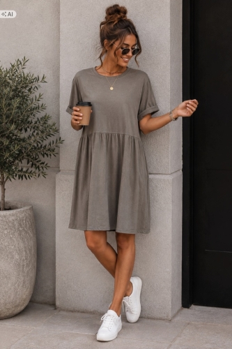Sukienka damska oversize bawełniana Wygodna Casual z krótkim rękawem Beż