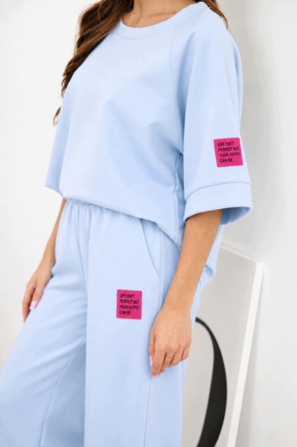 Komplet damski dres Szerokie spodnie Bluza Masełko Niebieski Jasny Baby Blu