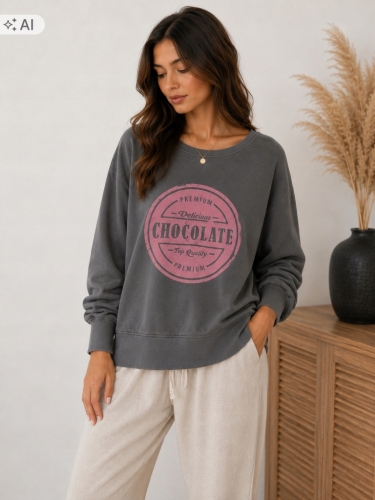 Bluza damska Lekka z nadrukiem CHOCOLATE Szara Grafitowa