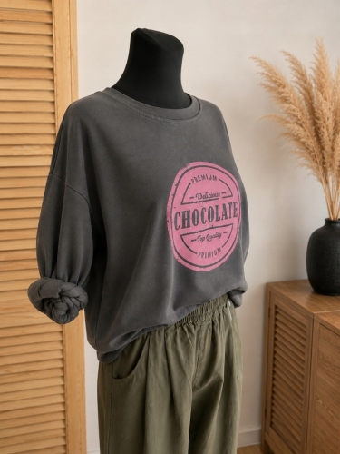 Bluza damska Lekka z nadrukiem CHOCOLATE Szara Grafitowa