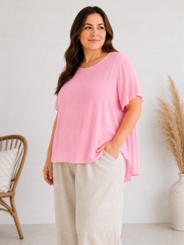 Bluzka damska z plisowaniem na plecach zwiewna luźna Plus Size Jasny Różowy