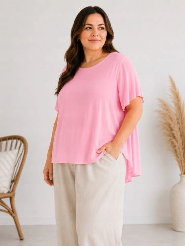 Bluzka damska z plisowaniem na plecach zwiewna luźna Plus Size Jasny Różowy