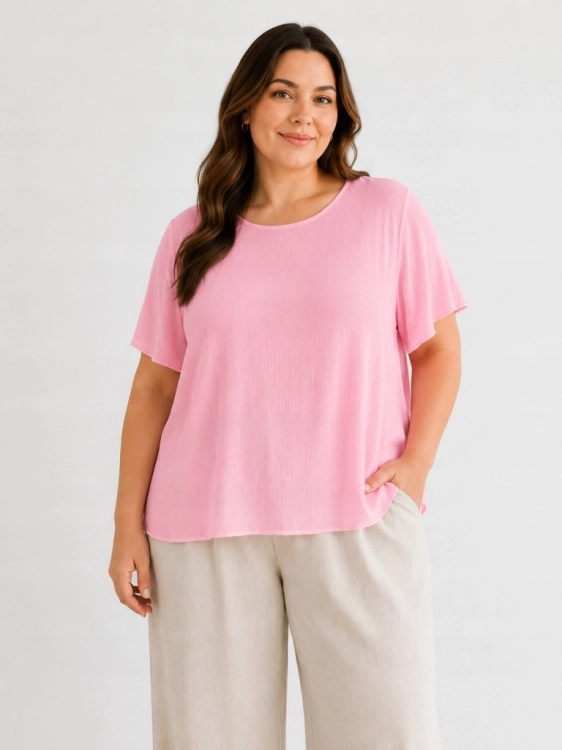 Bluzka damska z plisowaniem na plecach zwiewna luźna Plus Size Jasny Różowy