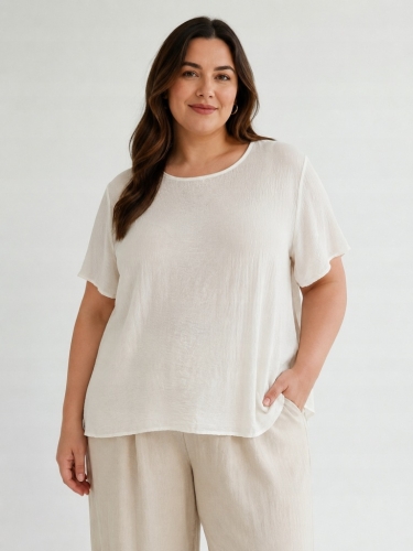 Bluzka damska z plisowaniem na plecach zwiewna luźna Plus Size Biała