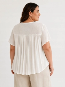 Bluzka damska z plisowaniem na plecach zwiewna luźna Plus Size Biała