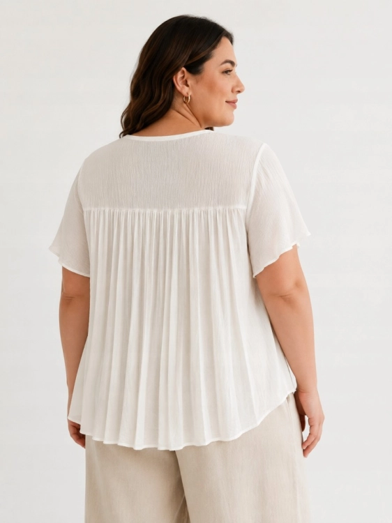 Bluzka damska z plisowaniem na plecach zwiewna luźna Plus Size Biała