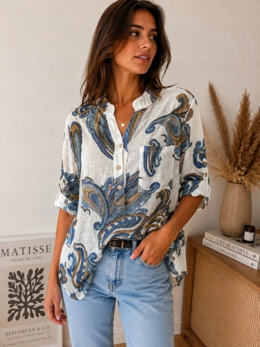 Lekka bluzka Koszula damska lniana bawełniana Boho oversize Kwiat Niebieska