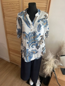 Lekka bluzka Koszula damska lniana bawełniana Boho oversize Kwiat Niebieska