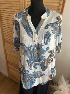Lekka bluzka Koszula damska lniana bawełniana Boho oversize Kwiat Niebieska
