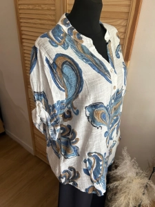 Lekka bluzka Koszula damska lniana bawełniana Boho oversize Kwiat Niebieska