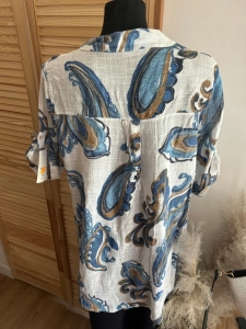 Lekka bluzka Koszula damska lniana bawełniana Boho oversize Kwiat Niebieska
