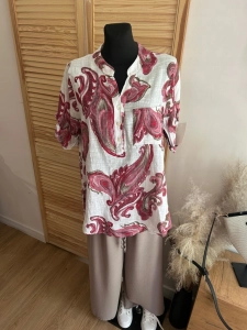 Lekka bluzka Koszula damska lniana bawełniana Boho oversize Kwiaty Czerwona