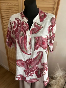 Lekka bluzka Koszula damska lniana bawełniana Boho oversize Kwiaty Czerwona