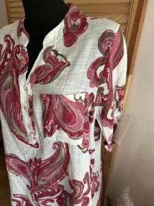 Lekka bluzka Koszula damska lniana bawełniana Boho oversize Kwiaty Czerwona